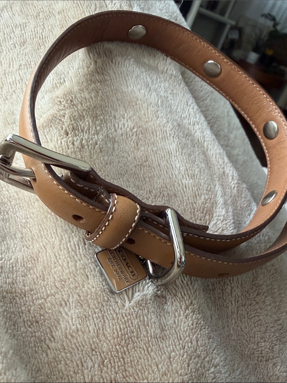 Coach vintageTan Leather Studded dog collar with Silver Hardware and Logo Tag